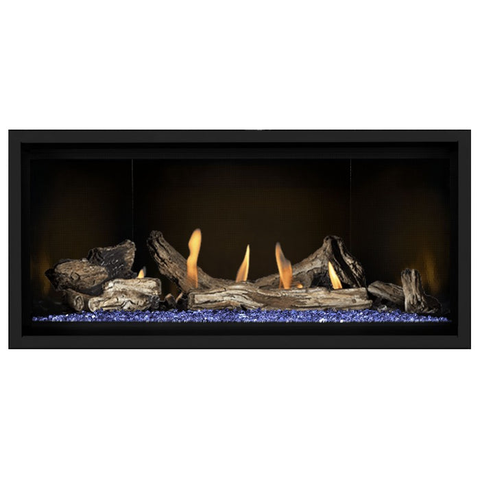 Napoleon Ascent Premium 42 Linear Direct Vent Gas Fireplace in MIRRO-FLAME Porcelain Reflective Panel with Blue Glass Embers and Driftwood Logs