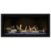 Napoleon Ascent Premium 42 Linear Direct Vent Gas Fireplace in MIRRO-FLAME Porcelain Reflective Panel with Blue Glass Embers and Driftwood Logs