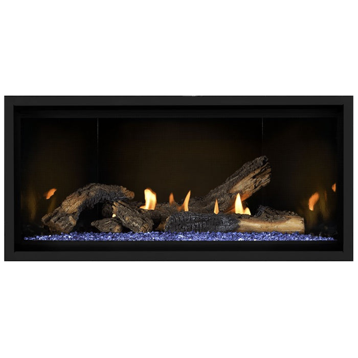 Napoleon Ascent Premium 42 Linear Direct Vent Gas Fireplace in MIRRO-FLAME Porcelain Reflective Panel with Blue Glass Embers and Split Oak Logs