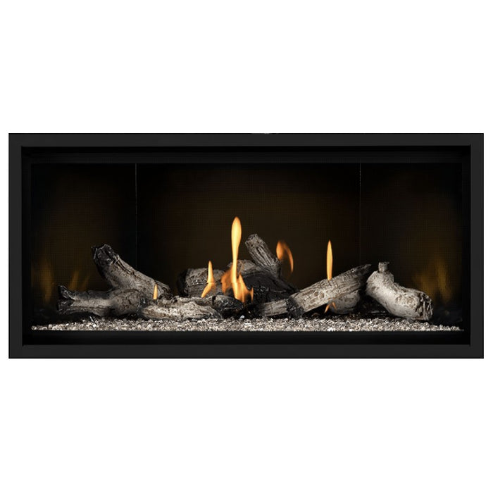Napoleon Ascent Premium 42 Linear Direct Vent Gas Fireplace in MIRRO-FLAME Porcelain Reflective Panel with Clear Glass Embers and Beach Fire Logs