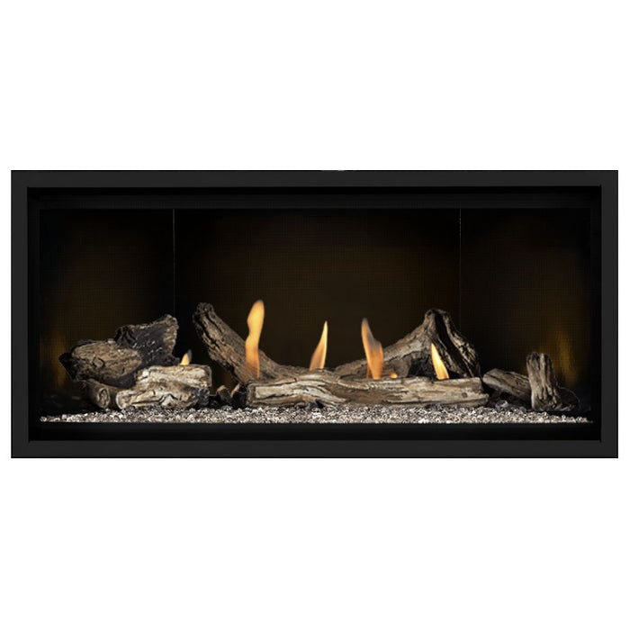 Napoleon Ascent Premium 42 Linear Direct Vent Gas Fireplace in MIRRO-FLAME Porcelain Reflective Panel with Clear Glass Embers and Driftwood Logs