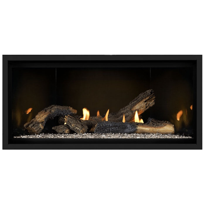 Napoleon Ascent Premium 42 Linear Direct Vent Gas Fireplace in MIRRO-FLAME Porcelain Reflective Panel with Clear Glass Embers and Split Oak Logs