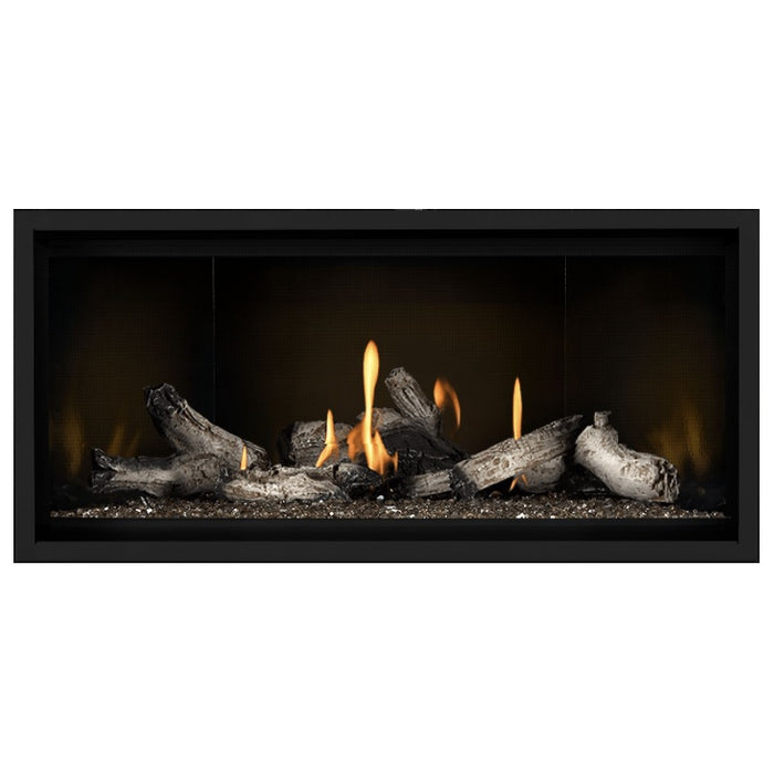 Napoleon Ascent Premium 42 Linear Direct Vent Gas Fireplace in MIRRO-FLAME Porcelain Reflective Panel with Topaz Glass Embers and Beach Fire Logs