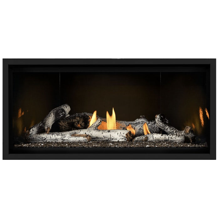 Napoleon Ascent Premium 42 Linear Direct Vent Gas Fireplace in  MIRRO-FLAME Porcelain Reflective Panel with Topaz Glass Embers and Birch Logs