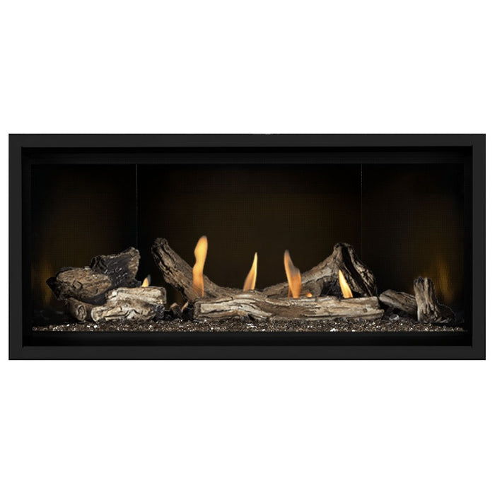Napoleon Ascent Premium 42 Linear Direct Vent Gas Fireplace in MIRRO-FLAME Porcelain Reflective Panel with Topaz Glass Embers and Driftwood Logs