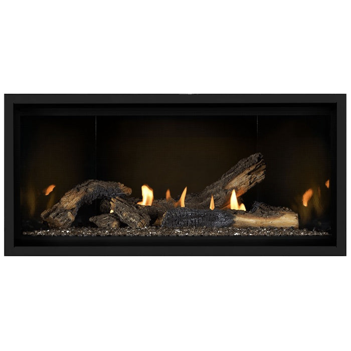 Napoleon Ascent Premium 42 Linear Direct Vent Gas Fireplace in MIRRO-FLAME Porcelain Reflective Panel with Topaz Glass Embers and Split Oak Logs