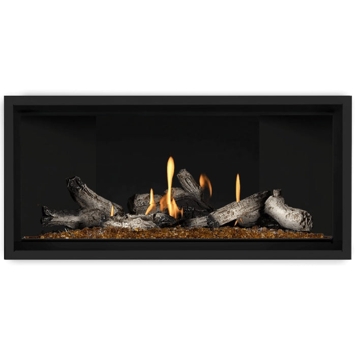 Napoleon Ascent Premium 42 Linear Direct Vent Gas Fireplace in Matte Black Panel with Amber Glass Embers and Beach Fire Logs