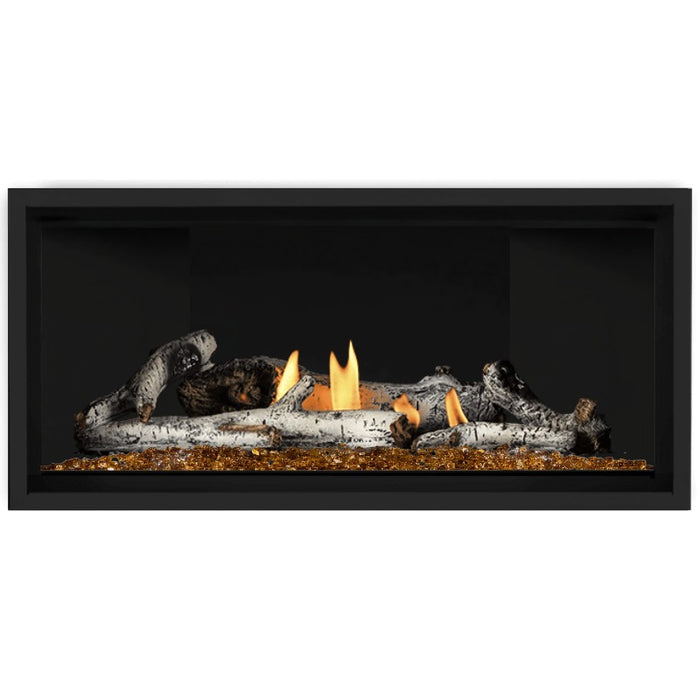 Napoleon Ascent Premium 42 Linear Direct Vent Gas Fireplace in Matte Black Panel with Amber Glass Embers and Birch Logs