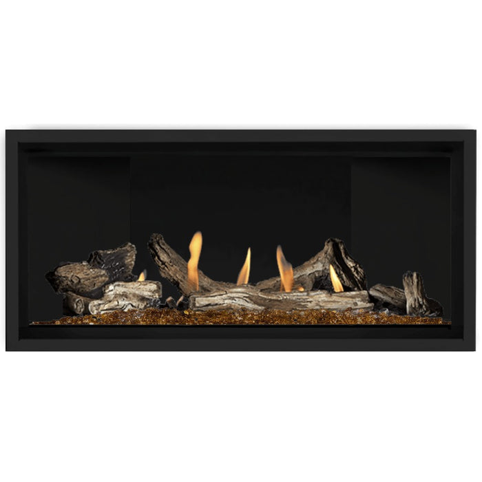 Napoleon Ascent Premium 42 Linear Direct Vent Gas Fireplace in Matte Black Panel with Amber Glass Embers and Driftwood Logs