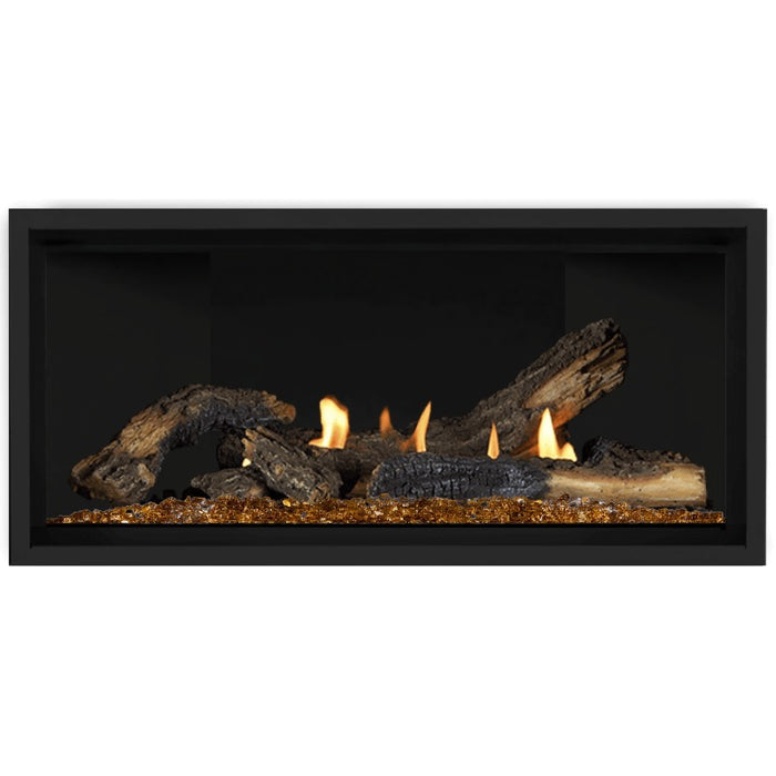 Napoleon Ascent Premium 42 Linear Direct Vent Gas Fireplace in Matte Black Panel with Amber Glass Embers and Split Oak Logs