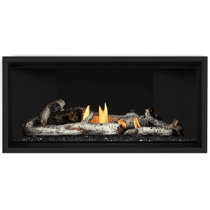 Napoleon Ascent Premium 42 Linear Direct Vent Gas Fireplace in Matte Black Panel with Black Glass Embers and Birch Logs