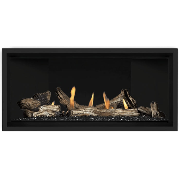 Napoleon Ascent Premium 42 Linear Direct Vent Gas Fireplace in Matte Black Panel with Black Glass Embers and Driftwood Logs