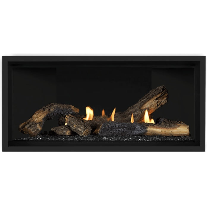 Napoleon Ascent Premium 42 Linear Direct Vent Gas Fireplace in Matte Black Panel with Black Glass Embers and Split Oak Logs