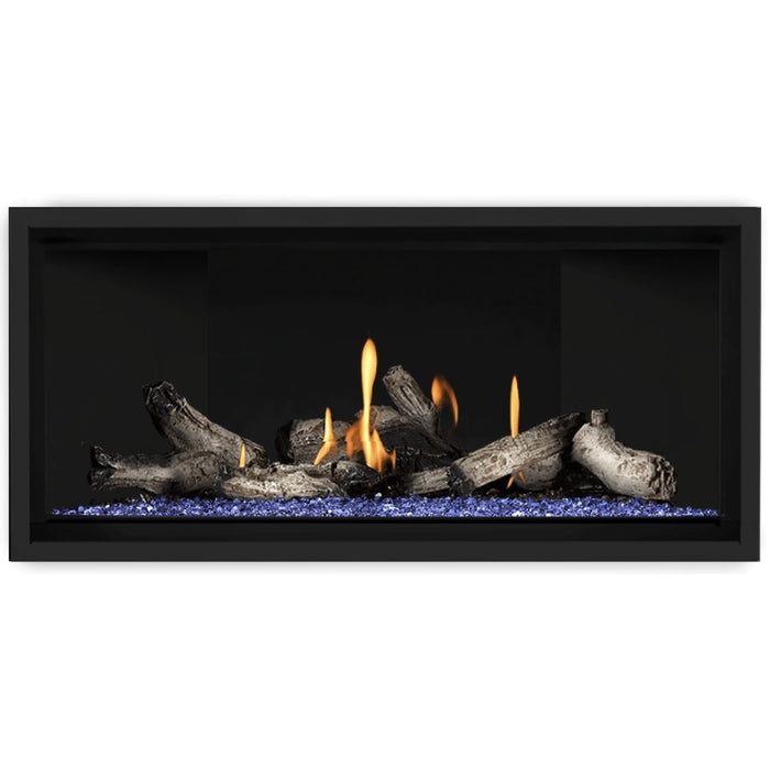 Napoleon Ascent Premium 42 Linear Direct Vent Gas Fireplace in Matte Black Panel with Blue Glass Embers and Beach Fire Logs