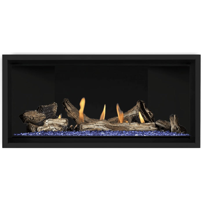 Napoleon Ascent Premium 42 Linear Direct Vent Gas Fireplace in Matte Black Panel with Blue Glass Embers and Driftwood Logs