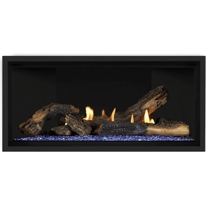 Napoleon Ascent Premium 42 Linear Direct Vent Gas Fireplace in Matte Black Panel with Blue Glass Embers and Split Oak Logs