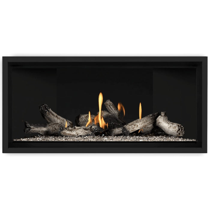 Napoleon Ascent Premium 42 Linear Direct Vent Gas Fireplace in Matte Black Panel with Clear Glass Embers and Beach Fire Logs