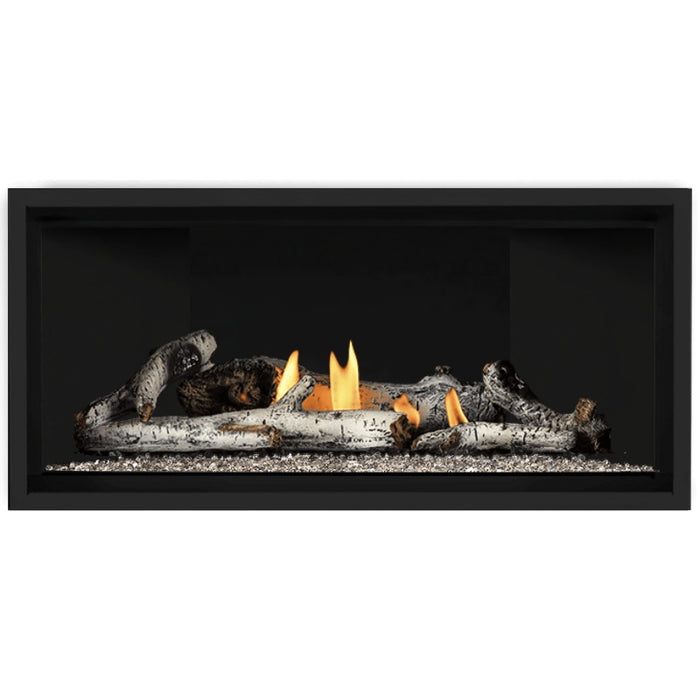 Napoleon Ascent Premium 42 Linear Direct Vent Gas Fireplace in Matte Black Panel with Clear Glass Embers and Birch Logs