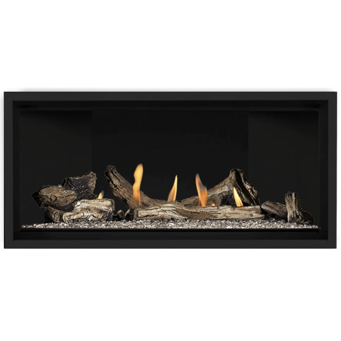 Napoleon Ascent Premium 42 Linear Direct Vent Gas Fireplace in Matte Black Panel with Clear Glass Embers and Driftwood Logs