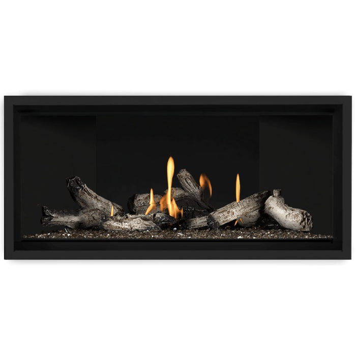 Napoleon Ascent Premium 42 Linear Direct Vent Gas Fireplace in Matte Black Panel with Topaz Glass Embers and Beach Fire Logs