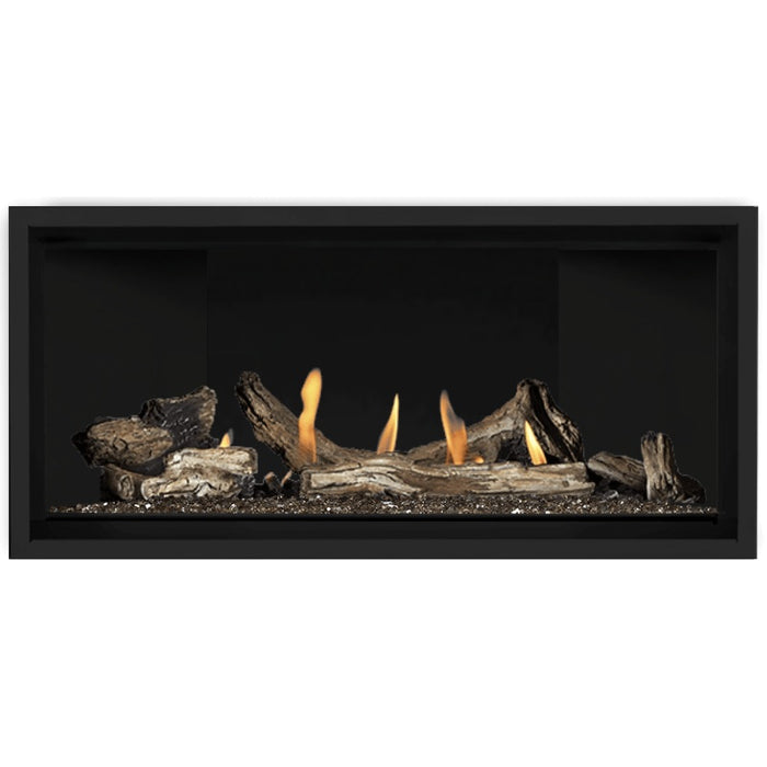 Napoleon Ascent Premium 42 Linear Direct Vent Gas Fireplace in Matte Black Panel with Topaz Glass Embers and Driftwood Logs