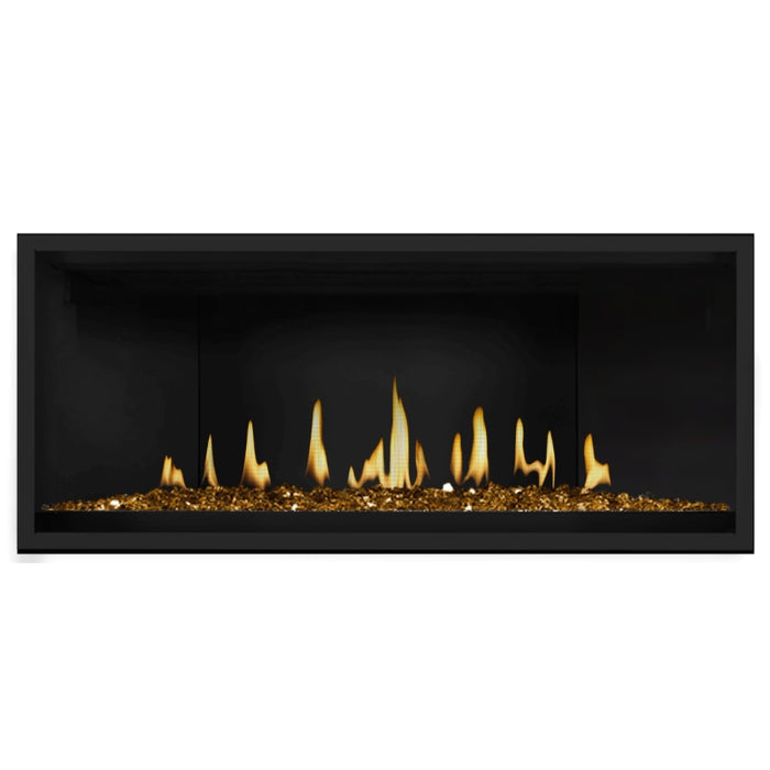 Napoleon Ascent Premium 46 Linear Direct Vent Gas Fireplace in Ledgestone Brick Panel with Amber Glass Embers