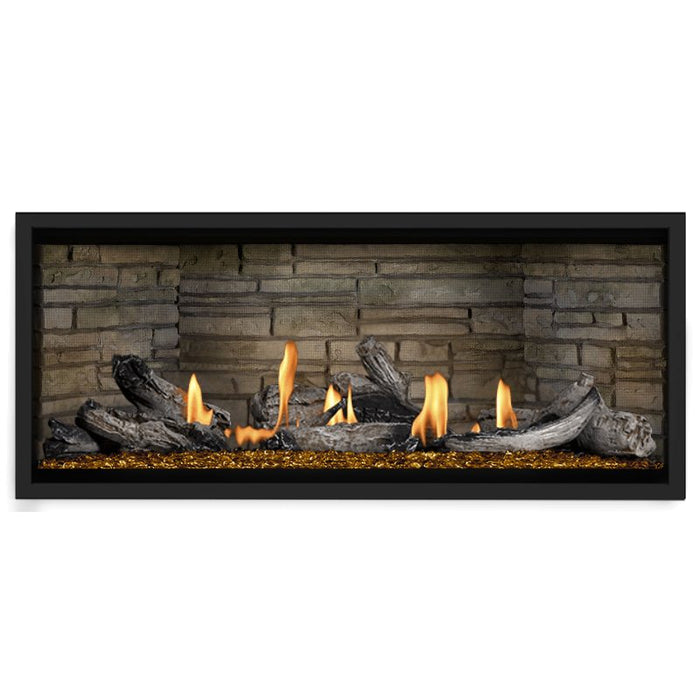 Napoleon Ascent Premium 46 Linear Direct Vent Gas Fireplace in Ledgestone Brick Panel with Amber Glass Embers and Beach Fire Logs
