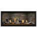 Napoleon Ascent Premium 46 Linear Direct Vent Gas Fireplace in Ledgestone Brick Panel with Amber Glass Embers and Beach Fire Logs