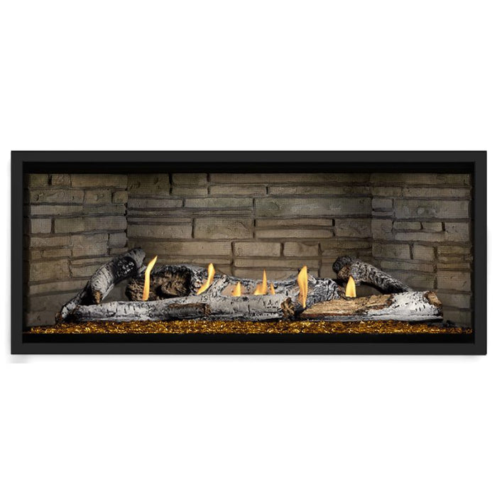Napoleon Ascent Premium 46 Linear Direct Vent Gas Fireplace in Ledgestone Brick Panel with Amber Glass Embers and Birch Logs