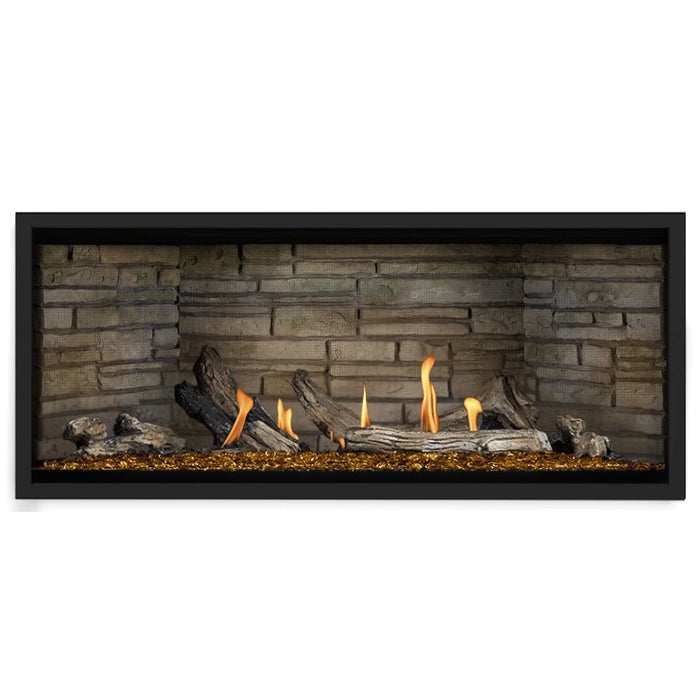Napoleon Ascent Premium 46 Linear Direct Vent Gas Fireplace in Ledgestone Brick Panel with Amber Glass Embers and Driftwood Logs