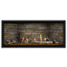 Napoleon Ascent Premium 46 Linear Direct Vent Gas Fireplace in Ledgestone Brick Panel with Amber Glass Embers and Driftwood Logs