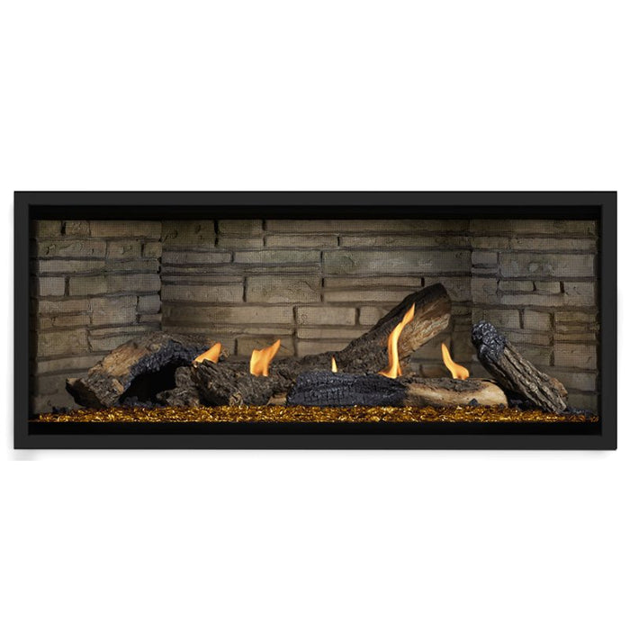 Napoleon Ascent Premium 46 Linear Direct Vent Gas Fireplace in Ledgestone Brick Panel with Amber Glass Embers and Split Oak Logs