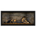 Napoleon Ascent Premium 46 Linear Direct Vent Gas Fireplace in Ledgestone Brick Panel with Amber Glass Embers and Split Oak Logs