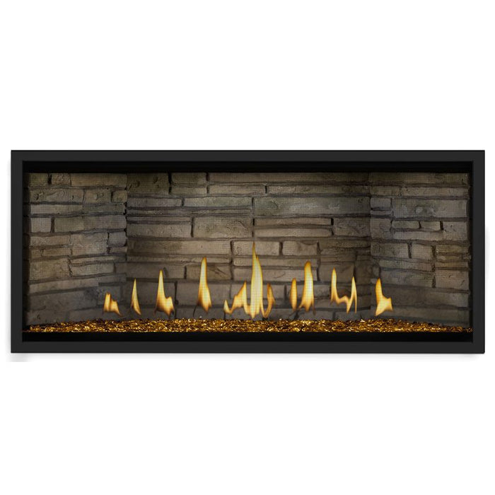 Napoleon Ascent Premium 46 Linear Direct Vent Gas Fireplace in Ledgestone Brick Panel with Amber Glass Embers 