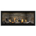 Napoleon Ascent Premium 46 Linear Direct Vent Gas Fireplace in Ledgestone Brick Panel with Beach Fire Logs