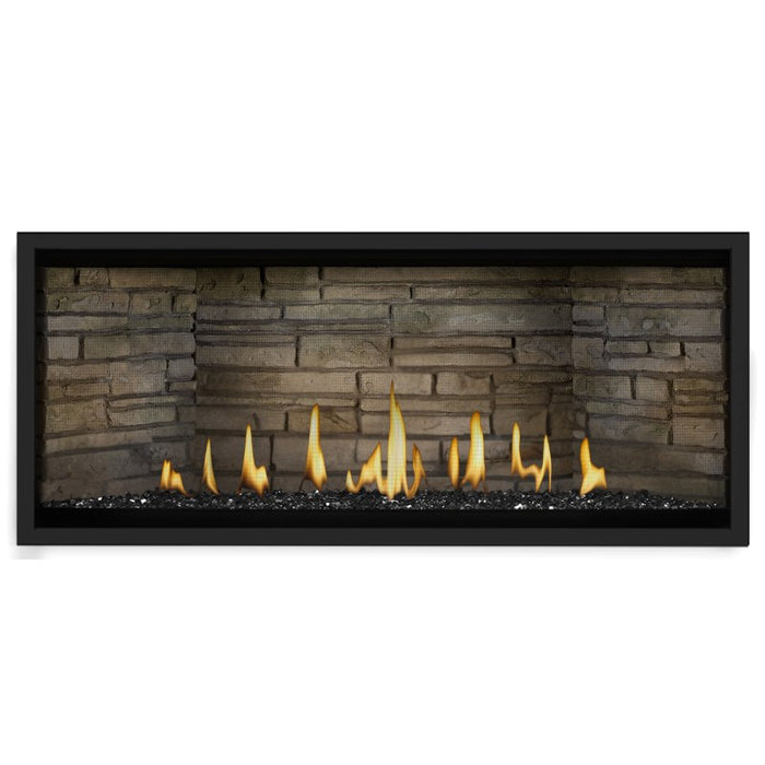 Napoleon Ascent Premium 46 Linear Direct Vent Gas Fireplace in Ledgestone Brick Panel with Black Glass Embers