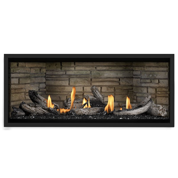 Napoleon Ascent Premium 46 Linear Direct Vent Gas Fireplace in Ledgestone Brick Panel with Black Glass Embers and Beach Fire Logs