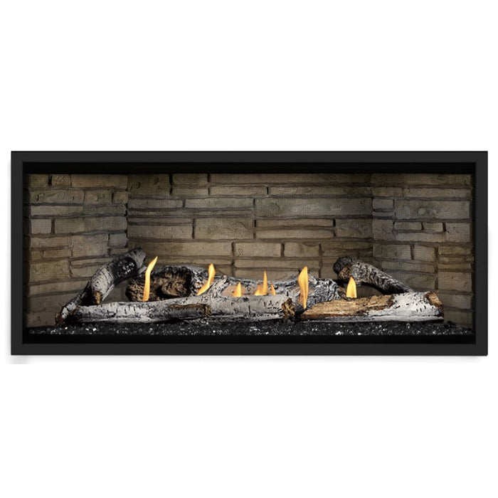 Napoleon Ascent Premium 46 Linear Direct Vent Gas Fireplace in Ledgestone Brick Panel with Black Glass Embers and Birch Logs