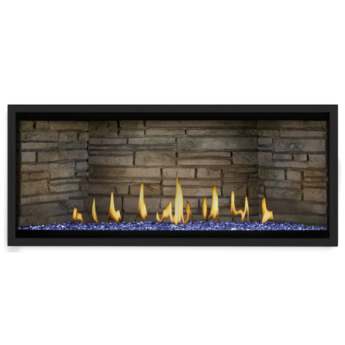 Napoleon Ascent Premium 46 Linear Direct Vent Gas Fireplace in Ledgestone Brick Panel with Blue Glass Embers