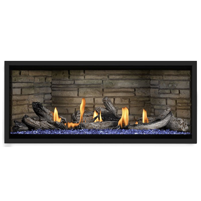 Napoleon Ascent Premium 46 Linear Direct Vent Gas Fireplace in Ledgestone Brick Panel with Blue Glass Embers and Beach Fire Logs