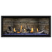 Napoleon Ascent Premium 46 Linear Direct Vent Gas Fireplace in Ledgestone Brick Panel with Blue Glass Embers and Beach Fire Logs