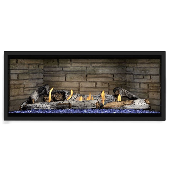 Napoleon Ascent Premium 46 Linear Direct Vent Gas Fireplace in Ledgestone Brick Panel with Blue Glass Embers and Birch Logs