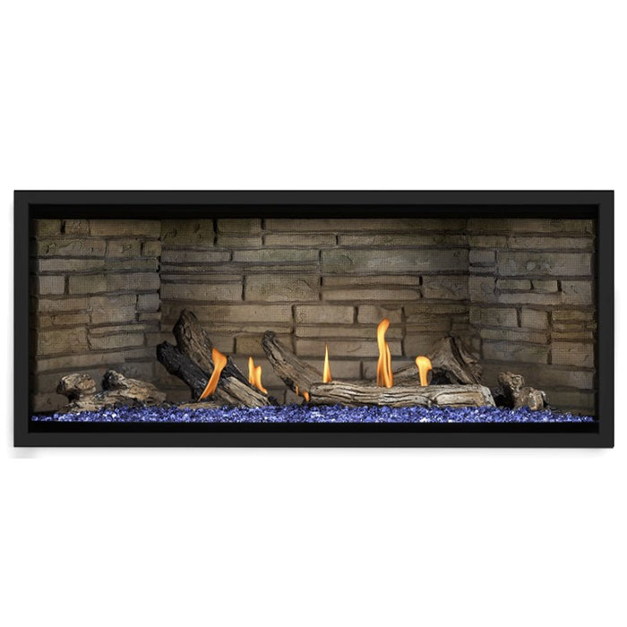Napoleon Ascent Premium 46 Linear Direct Vent Gas Fireplace in Ledgestone Brick Panel with Blue Glass Embers and Driftwood Logs
