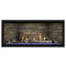 Napoleon Ascent Premium 46 Linear Direct Vent Gas Fireplace in Ledgestone Brick Panel with Blue Glass Embers and Driftwood Logs