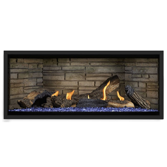 Napoleon Ascent Premium 46 Linear Direct Vent Gas Fireplace in Ledgestone Brick Panel with Blue Glass Embers and Split Oak Logs