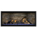 Napoleon Ascent Premium 46 Linear Direct Vent Gas Fireplace in Ledgestone Brick Panel with Blue Glass Embers and Split Oak Logs