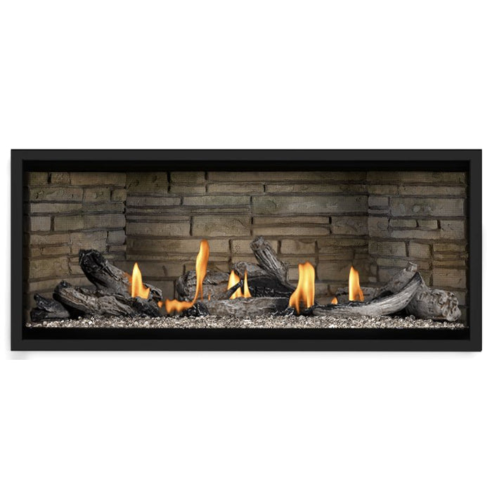 Napoleon Ascent Premium 46 Linear Direct Vent Gas Fireplace in Ledgestone Brick Panel with Clear Glass Embers and Beach Fire Logs