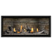 Napoleon Ascent Premium 46 Linear Direct Vent Gas Fireplace in Ledgestone Brick Panel with Clear Glass Embers and Beach Fire Logs