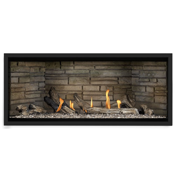 Napoleon Ascent Premium 46 Linear Direct Vent Gas Fireplace in Ledgestone Brick Panel with Clear Glass Embers and Driftwood Logs