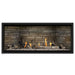 Napoleon Ascent Premium 46 Linear Direct Vent Gas Fireplace in Ledgestone Brick Panel with Clear Glass Embers and Driftwood Logs
